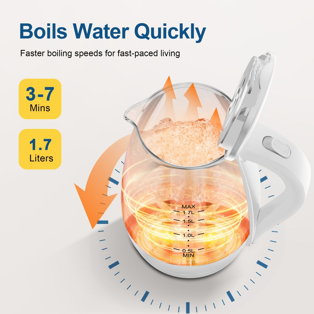 Glass Electric Kettle 1200W Borosilicate with Blue LED Glow - 57.48oz 1.7L Fast Boil BPA-Free Auto Shut-Off Boil-Dry Protection, Transparent Electric Tea Kettle for Home Office RV Camping Kitchen Gift