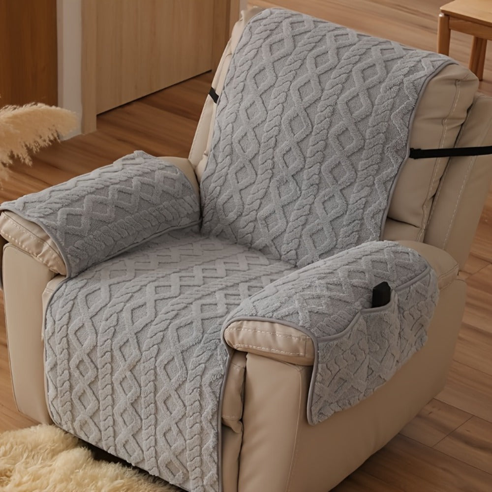 Quilted Recliner Chair Cover with Armrest Panels, Side Pocket and Elastic Straps in Three Neutral Colors