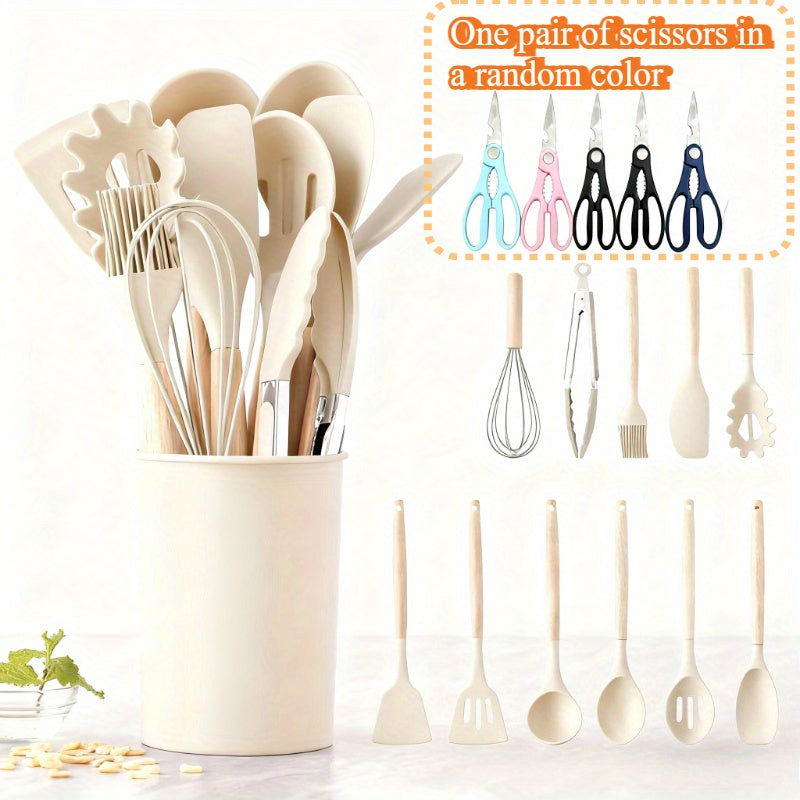 13-Piece Silicone Kitchen Utensil Set with Wooden Handles, Storage Holder and Khaki or Dark Gray Colors