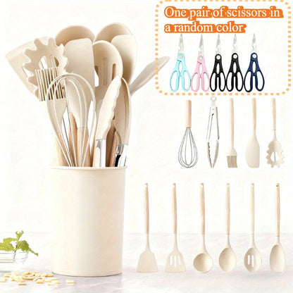 13-Piece Silicone Kitchen Utensil Set with Wooden Handles, Storage Holder and Khaki or Dark Gray Colors
