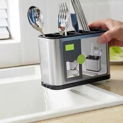 Utensil Holder Stainless Steel Cutlery Organizer 4-Compartment Countertop Caddy Anti-Slip Drain Holes for Kitchen Forks Knives Spoons Chopsticks