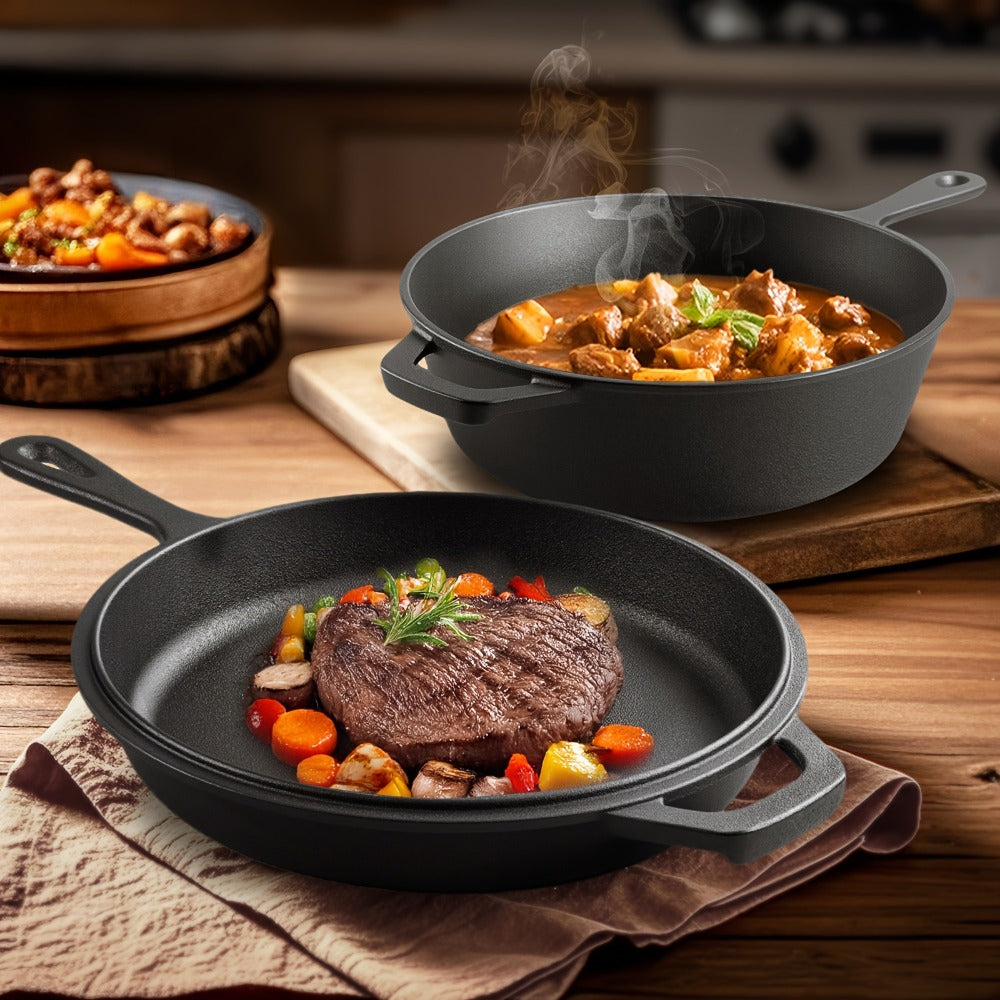 Cast Iron Dutch Oven & Frying Pan Set – Pre-Seasoned 2-in-1 Cookware, Deep Pan + Skillet for Stovetop, Induction, Oven, BBQ & Outdoor Cooking, Multi-Purpose Pots and Pans Set