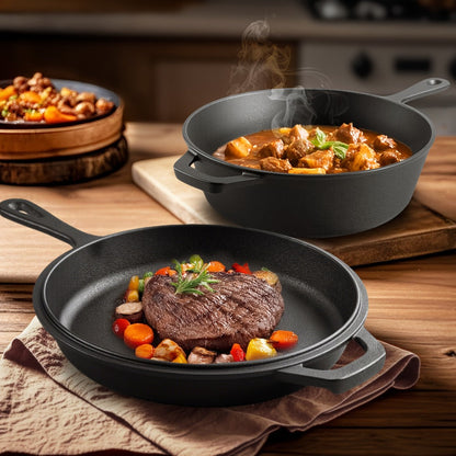 Cast Iron Dutch Oven & Frying Pan Set – Pre-Seasoned 2-in-1 Cookware, Deep Pan + Skillet for Stovetop, Induction, Oven, BBQ & Outdoor Cooking, Multi-Purpose Pots and Pans Set