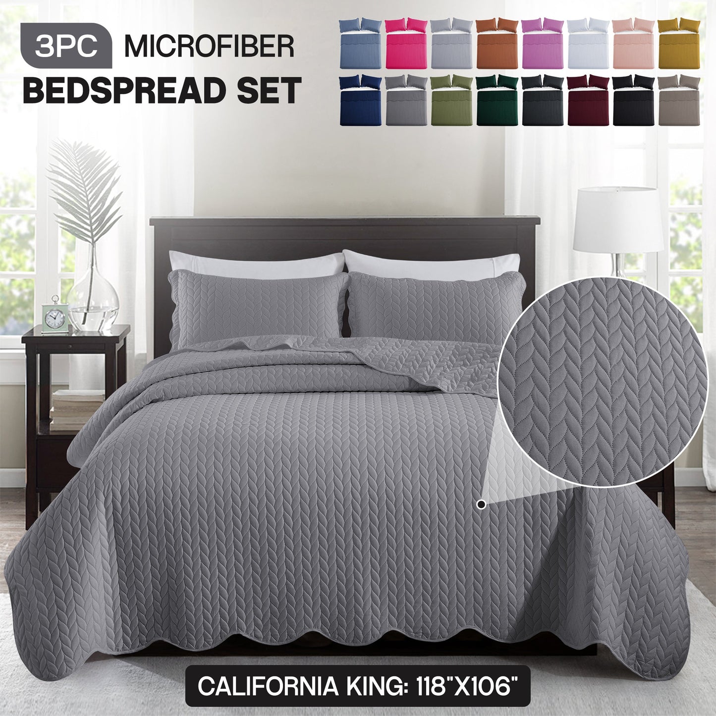 Chevron-Texture Three-Piece Bedspread Set in 16 Colors with Twin, Queen-Full, King and California King Sizes