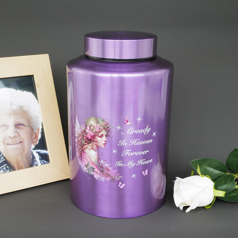 Cremation Urns for Human Ashes Large – Stainless Steel Memorial Urn Holds 220 lbs, Decorative Butterfly Cardinal Fairy Design, Screw Lid & Seal Ring, Velvet Pouch Included, Adult Funeral Keepsake Urn