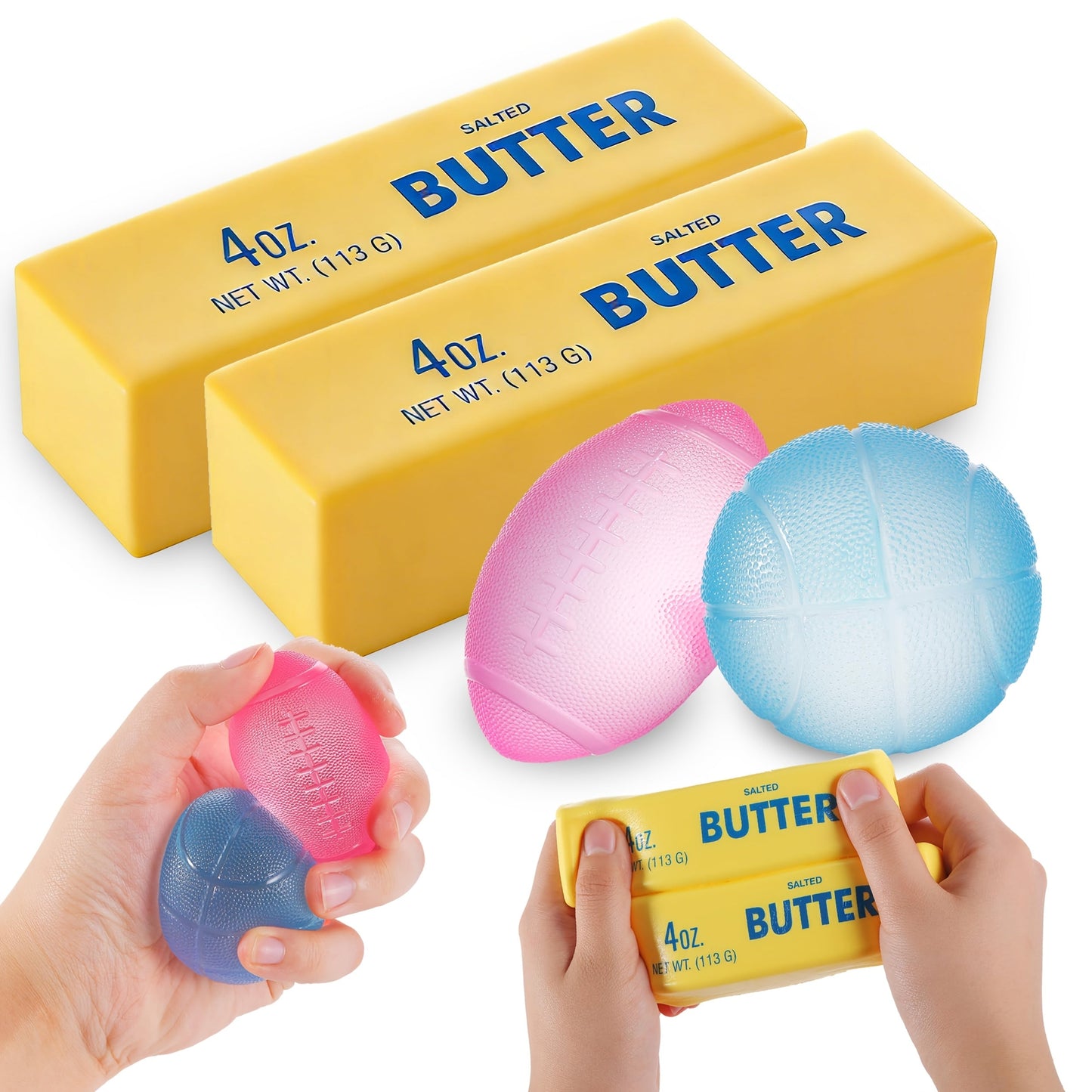 Four-Piece Slow-Rise Foam Squishy Set with Two Butter Bars, One Basketball and One Football