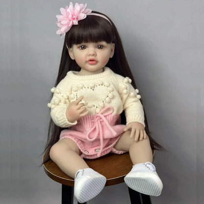Reborn Baby Doll 22-Inch Full Vinyl Seated Design with Long Dark Wig Hair, Acrylic Eyes and Outfit Set