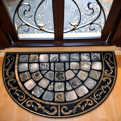 Half-Round Door Mat with Stone Mosaic and Scroll Print in 50 x 80cm or 60 x 90cm Entryway Sizes