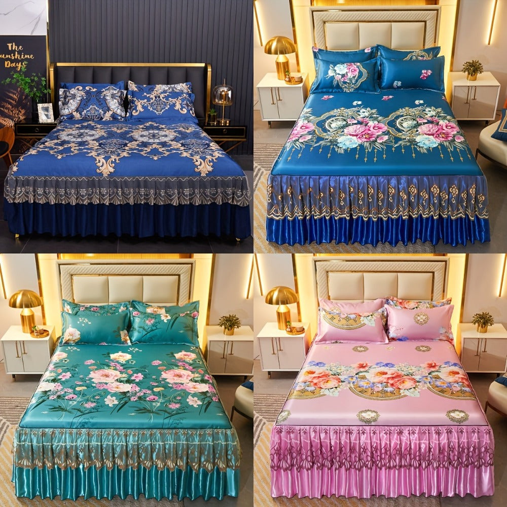 Ruffled Floral Bedspread Mat Set with Two Pillowcases, Twin to King Sizes and Four Pattern Choices
