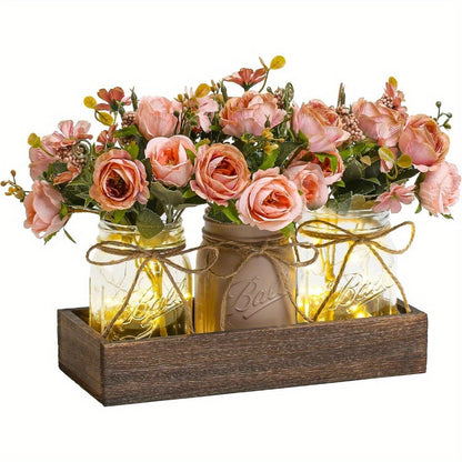 Mason Jar Centerpiece Table Decorations with Wood Tray & LED Lights – 3-Piece Farmhouse Decor Set for Dining Room, Kitchen, Living Room & Bathroom | Holiday Home Decor Gift
