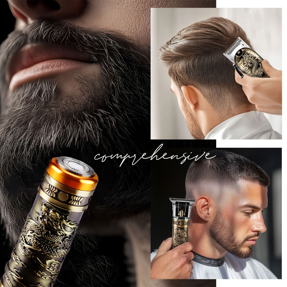 Dragon-Engraved Four-Tool Grooming Kit with Hair Clipper, Detail Trimmer, Nose Trimmer and Rotary Shaver