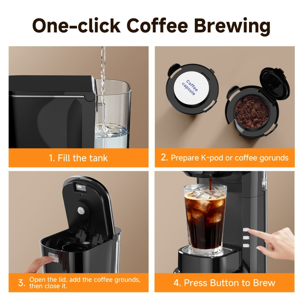 Compact Single-Serve Coffee Maker for Pods or Grounds with One-Button Control and Black or White Finish