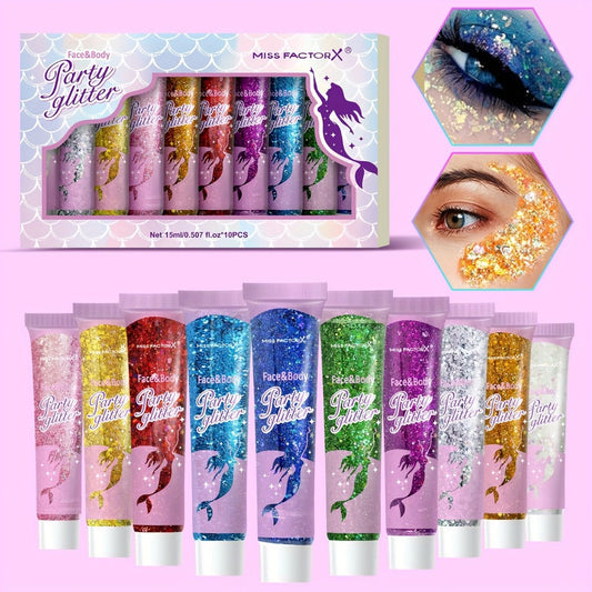 Holographic Glitter Gel Set 10 Colors Cosmetic Grade Face Body Makeup - Festival Rave Cosplay Anime Halloween Party Shimmer Skin Safe Easy Apply Remove