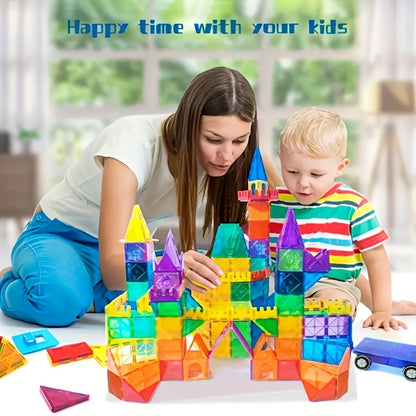 Magnetic Tiles 120-Piece Translucent Castle Building Set with Two Rolling Car Bases and Multicolor Shapes