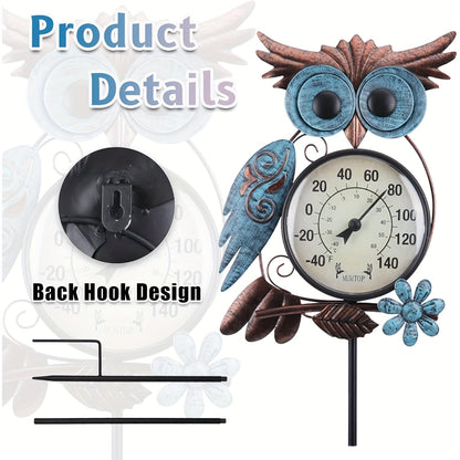 Owl-Shaped Analog Garden Thermometer with Wall Hook and Pictured 41.34-Inch Ground Stake Display Option