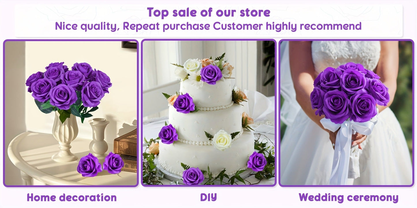 Artificial Flowers 10-Piece Silk Rose Set with 19.69-Inch Bendable Stems in Deep Purple or Dark Green