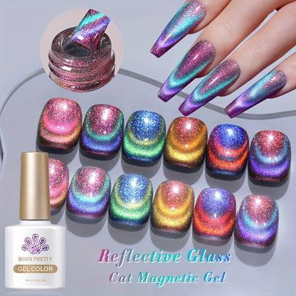 Cat Eye Gel Polish Set 6pcs BORN PRETTY Double Light Reflective Magnetic - Sparkling Rainbow Glass Cat Eye Effect Soak Off UV LED Gel 10ml Each Long Lasting Salon & Home DIY Manicure Kit for Women