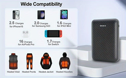 Power Bank 20000mAh 5V/3A for Heated Clothing with Dual USB Output and USB-C/Micro Input for Winter Wear