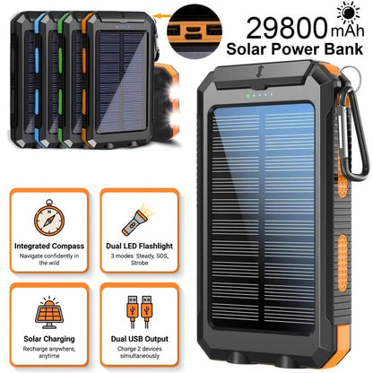 Solar Power Bank, 29800mAh Dual-USB 5V Charger with Solar Panel, Dual LED Flashlight, Compass and Eight Color Options