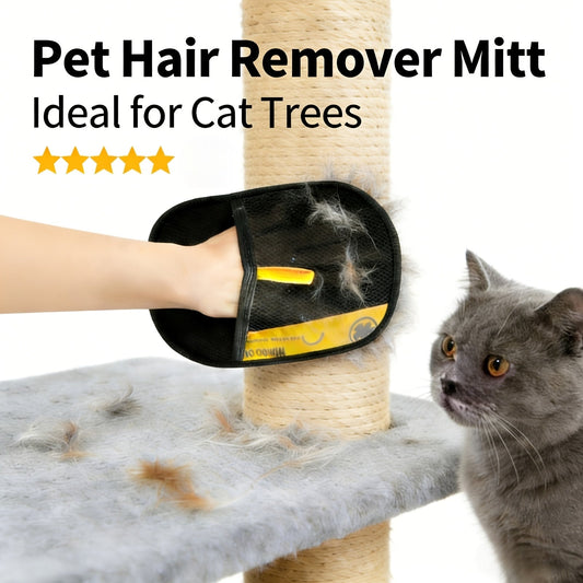 Reusable Fabric Pet Hair Removal Mitt Set with Four Black Mitts and Yellow Hand Straps for Upholstery