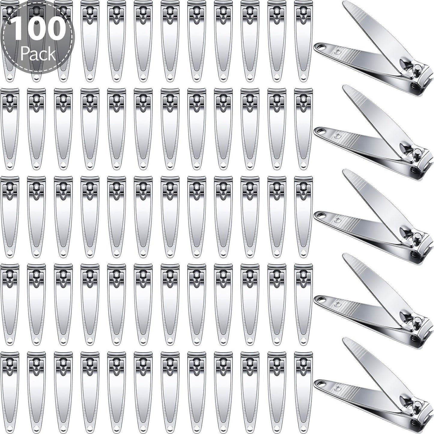 Silver Nail Clippers Bulk Pack, 100-Piece Set with Concave Cutting Edges, Tapered Corners and Lever Handles