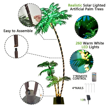 Seven-Foot Solar Palm Tree Light with 260 LEDs, Three Trunks, Remote Control and Eight Modes
