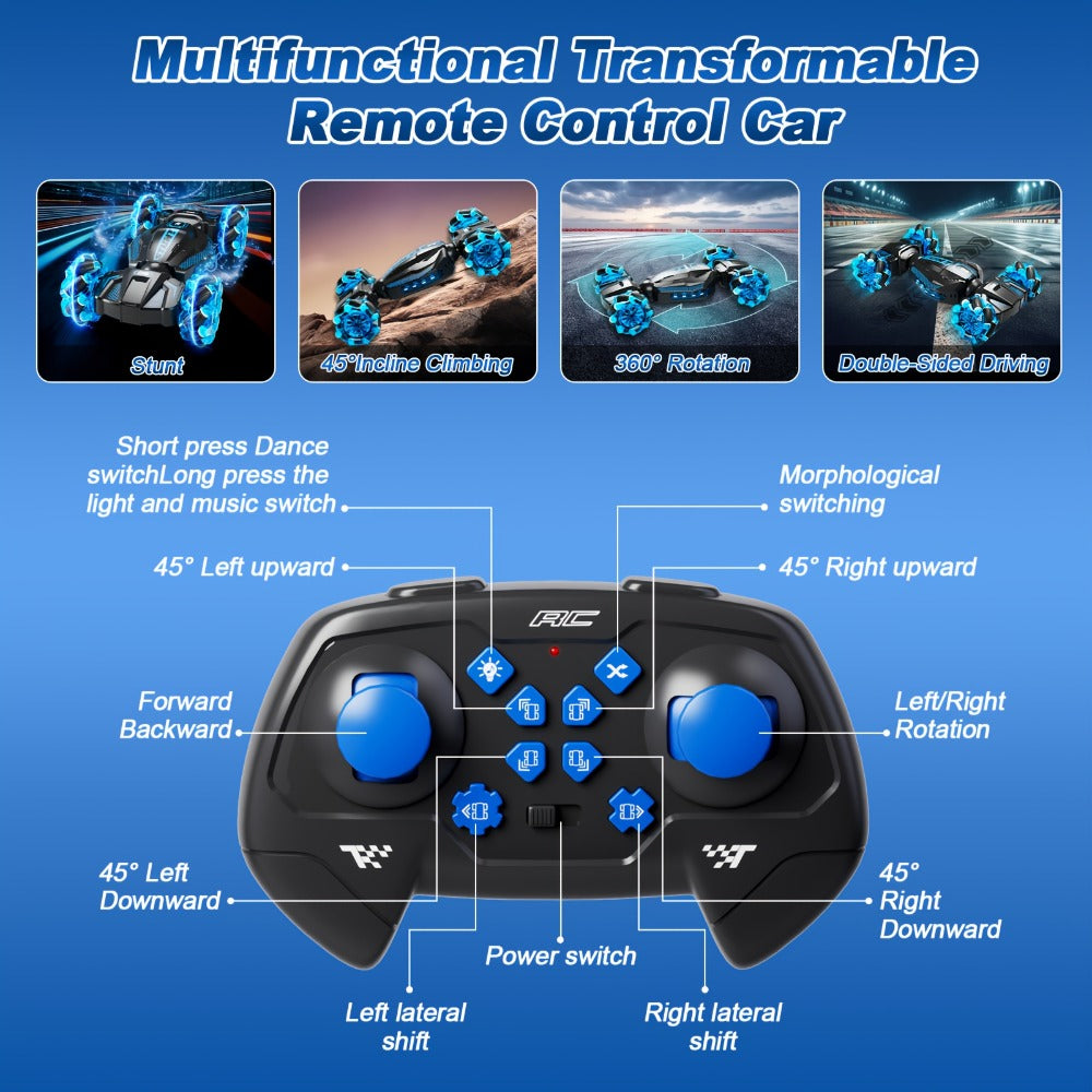 Remote Control Car, 1:24 Scale 8WD Stunt Racer with 2.4GHz Dual Remotes, 28KM/H Source Speed, LED Lights and Two Colors