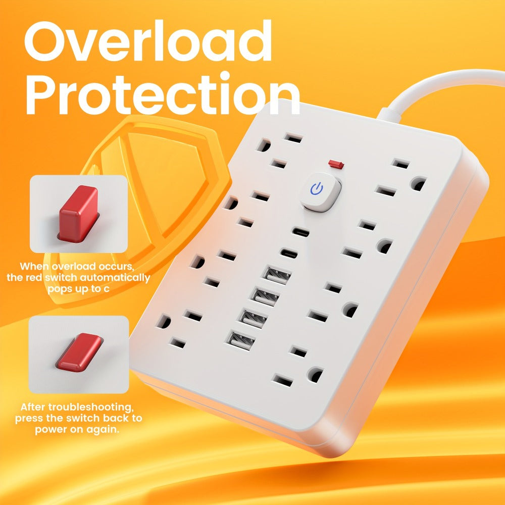 Power Strip 14-in-1 Wall-Mount Model with 8 AC Outlets, 4 USB-A, 2 USB-C and 5- or 10-Foot Flat-Plug Cord