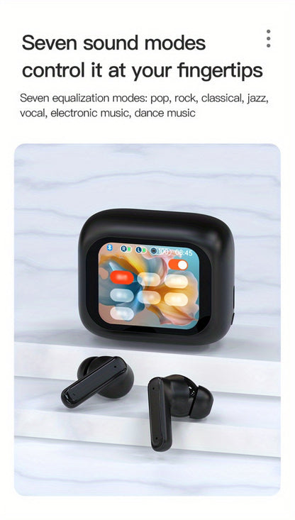 Touchscreen ANC Wireless Earbuds Full-Color Display, Noise Cancelling In-Ear with Charging Case for Sports Gaming Business