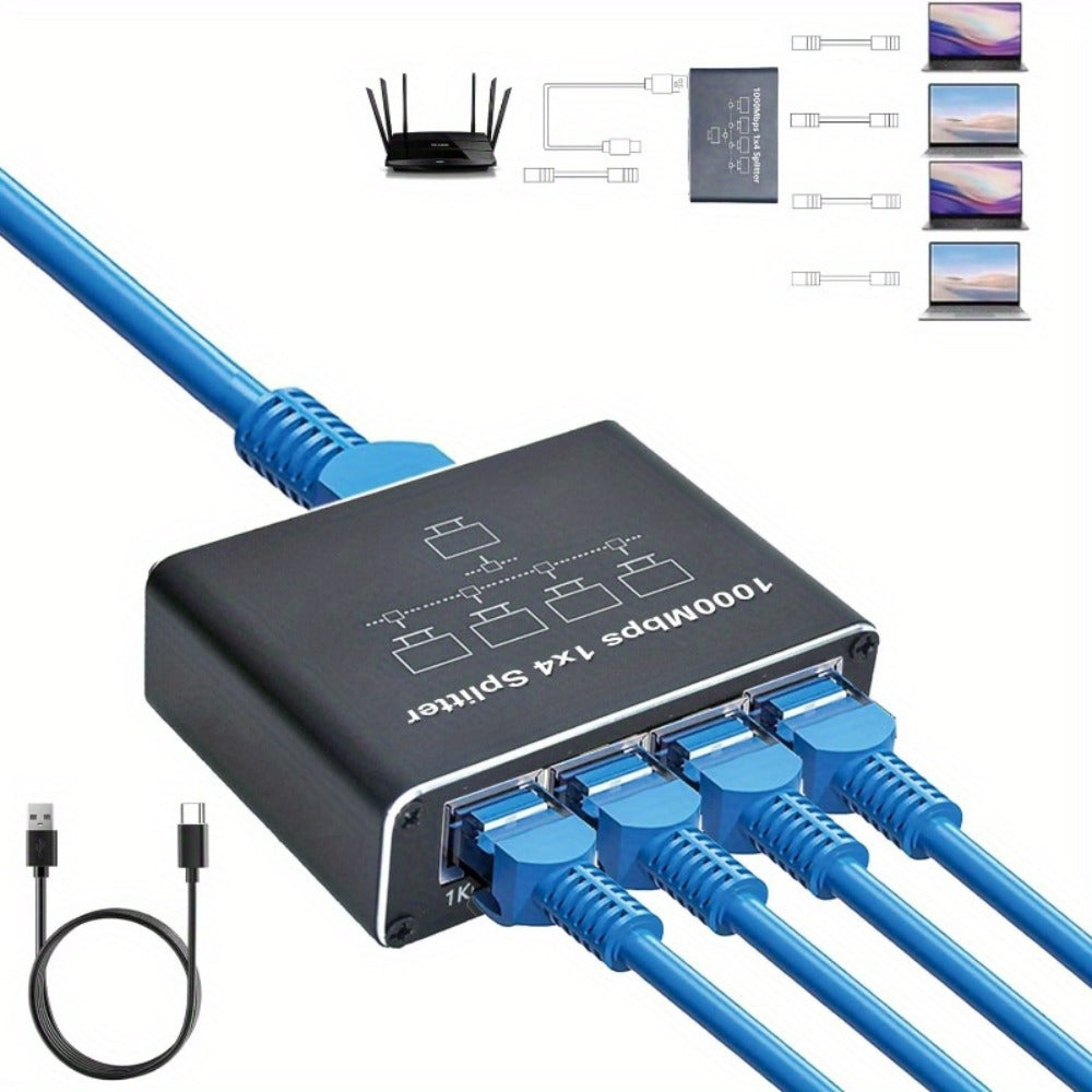 Gigabit Ethernet Splitter 1 to 4 Port 1000Mbps High-Speed LAN Network Adapter with USB Power Cable, Supports 4 Devices Simultaneously, Plug and Play RJ45 Hub for Home Office Gaming Smart TV NAS