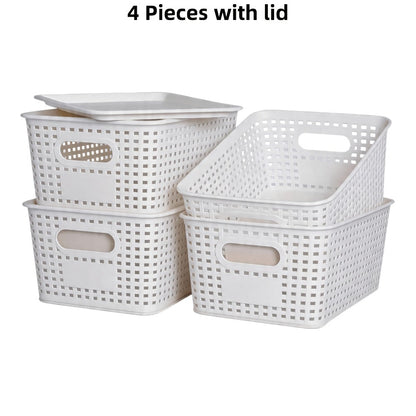 Storage Organizer Bins with Lids 4/8 Pack | Space-Saving Stackable Boxes 10"x7"x4" for Shelves, Closet & Desk - Declutter Bins for Dorm, Playroom & Office with File Organizer Bag, White Black Gray Red