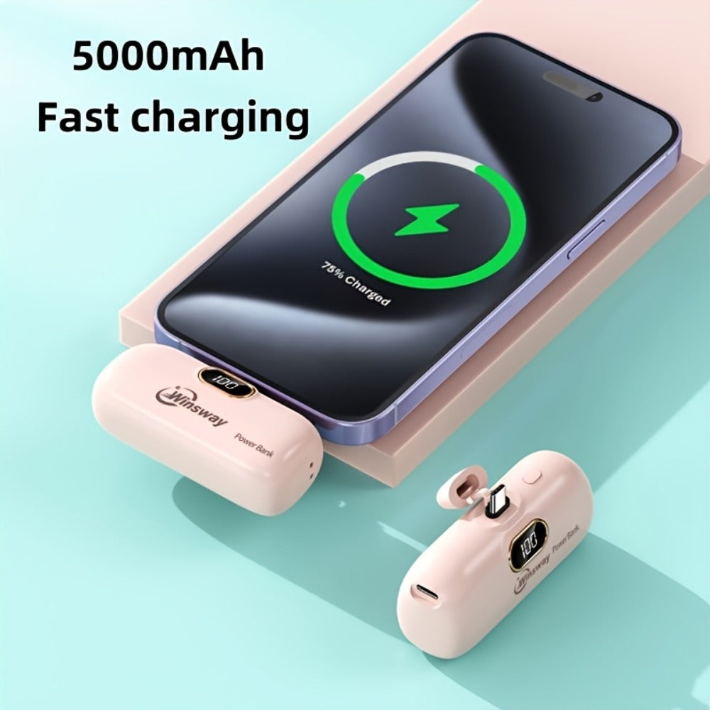 Winsway 5000mAh Mini Portable Charger Type-C Metal Plug with LED LCD Display – Fast Charging Pocket Battery Pack for iPhone 17 16 15 Pro Max iPad Pro Android Samsung, Compact Travel Gift