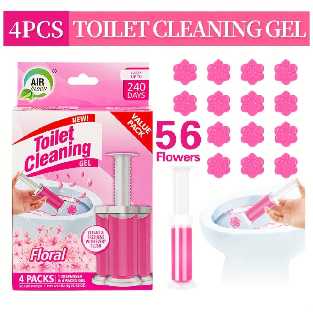 Flower Gel Toilet Stamp Cleaner with Dispenser in Six Scent Labels and 4- or 8-Piece Checkout Packs