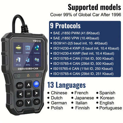 YM519 OBD2 Scanner with Color Screen, 13-Language Label, Battery Voltage and Live Data Icons