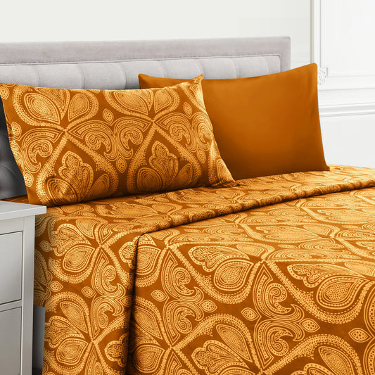 Bed Sheet Set Paisley Brushed Polyester in 4- or 6-Piece Sizing with 16-Inch Pocket and Wash Instructions