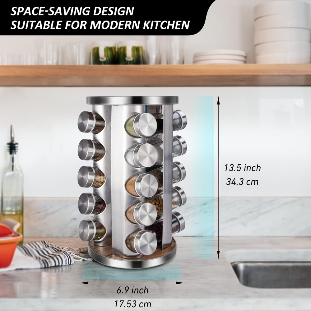 Rotating Spice Rack with 20 Glass Jars 360-Degree Revolving Stainless Steel Spice Tower for Home Cooking, Dining and Outdoor Meals