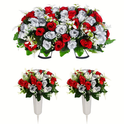 Artificial Cemetery Flowers for Grave with Saddle, Silk Rose Bouquet Headstone Decoration, Memorial Day Grave Flowers
