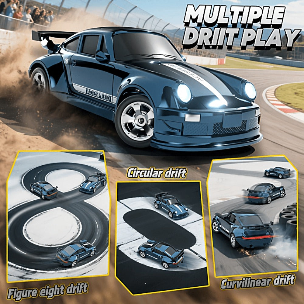 Mini RC Drift Sports Car 1:64 Scale with 4WD Layout, LED Details, Remote Controller and Two Color Options