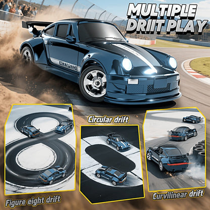 Mini RC Drift Sports Car 1:64 Scale with 4WD Layout, LED Details, Remote Controller and Two Color Options
