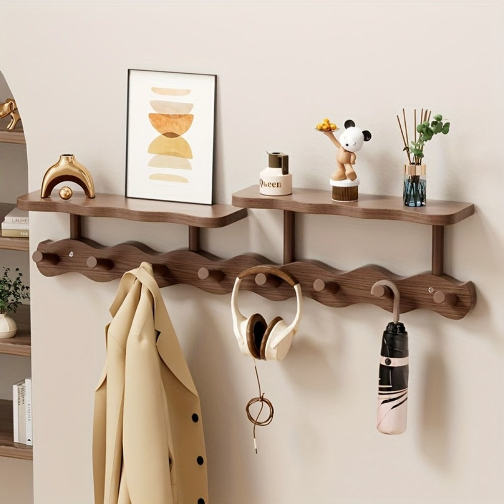 Coat Rack Wall Mounted Wood-and-Metal Organizer with Upper Shelf and 4 or 8 Hooks for Entryway Storage