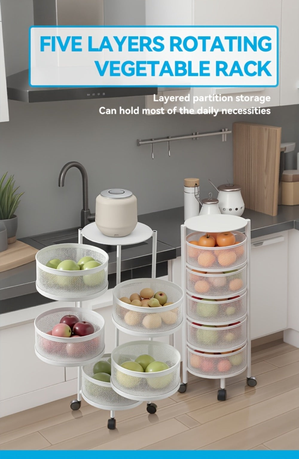 Round-Basket Rolling Storage Rack with Four or Five Mesh Levels, Caster Base and Black or White Finish