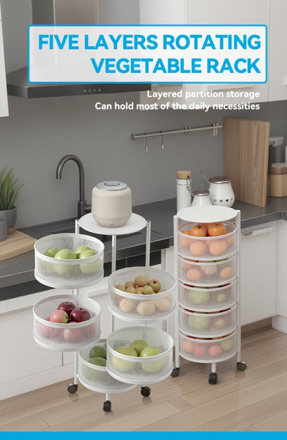 Round-Basket Rolling Storage Rack with Four or Five Mesh Levels, Caster Base and Black or White Finish