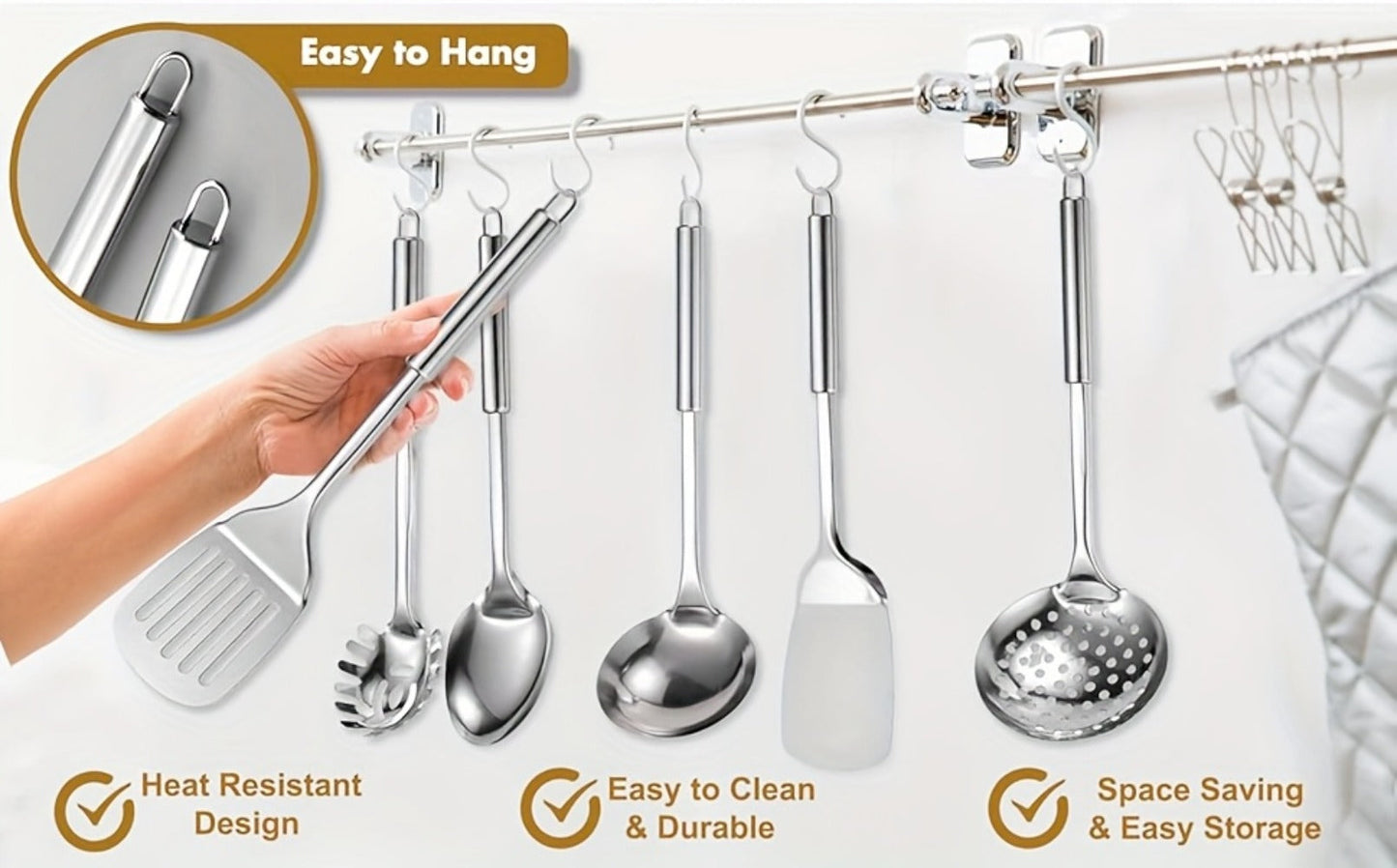 Stainless Steel Cooking Utensil Set 9 Piece for Nonstick Cookware – 304 Grade, Heat Resistant Ergonomic Handles, Dishwasher Safe, Space Saving Kitchen Tools with Hanging Holes for Home & Professional Chefs