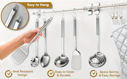 Stainless Steel Cooking Utensil Set 9 Piece for Nonstick Cookware – 304 Grade, Heat Resistant Ergonomic Handles, Dishwasher Safe, Space Saving Kitchen Tools with Hanging Holes for Home & Professional Chefs