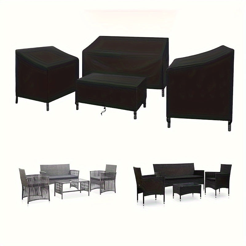 Four-Piece Black Patio Furniture Cover Set for Loveseat, Two Chairs and Coffee Table with Listed Dimensions