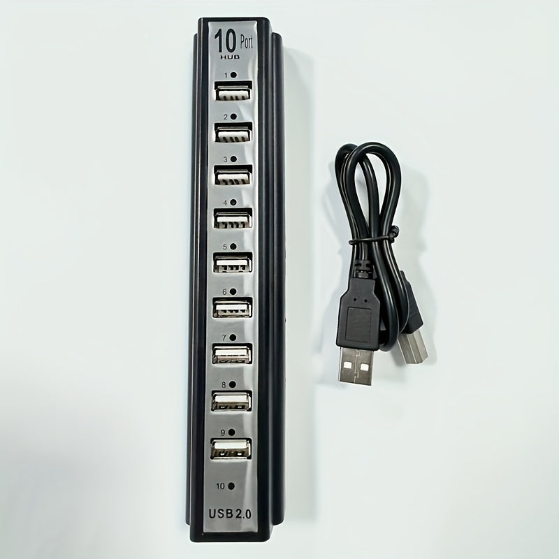 Black 10-Port USB 2.0 Hub with USB-A Host Cable, Numbered Ports and DC Power Input for Desktop Expansion