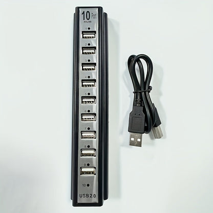 Black 10-Port USB 2.0 Hub with USB-A Host Cable, Numbered Ports and DC Power Input for Desktop Expansion