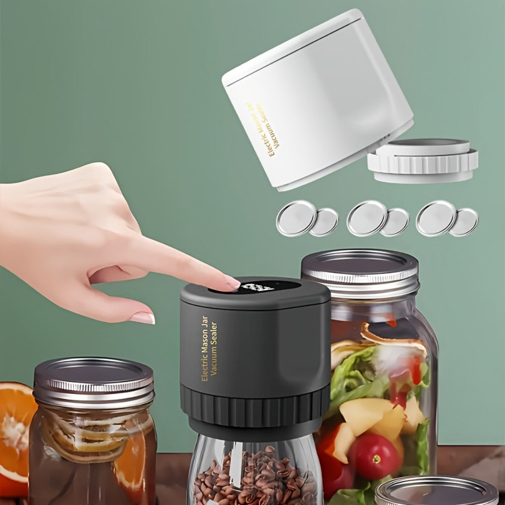 Electric Mason Jar Vacuum Sealer Kit with Regular- and Wide-Mouth Adapters, Lid Accessories and Charging Cable