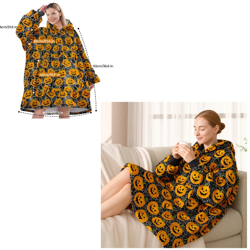 Pile-Texture Wearable Blanket Hoodie with Kangaroo Pocket and Four Pumpkin, Moon or Sock Bundle Styles
