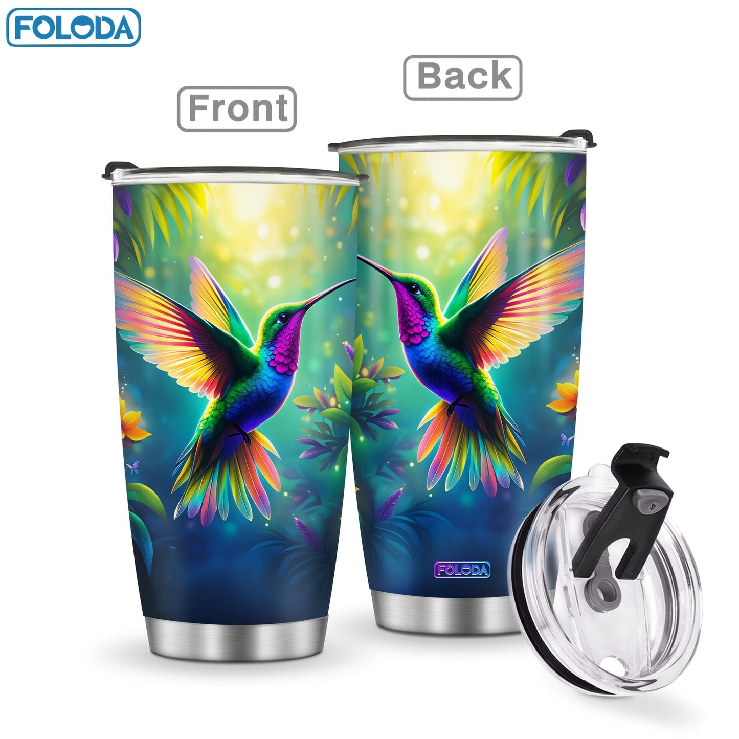 Twenty-Ounce Hummingbird and Flower Travel Tumblers in Ten Exact Printed Design Configurations